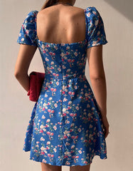 Disty Floral Print Slits V-Neck Short A Line Dresses