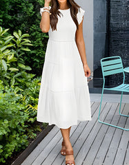 Plain Short Sleeve Round Neck Pleated Long A Line Dresses