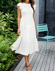 Plain Short Sleeve Round Neck Pleated Long A Line Dresses