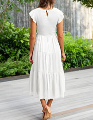 Plain Short Sleeve Round Neck Pleated Long A Line Dresses