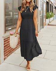 Plain Short Sleeve Round Neck Pleated Long A Line Dresses
