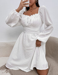 Plain Square Neck Long Sleeve High Waist Belted A-line Dresses