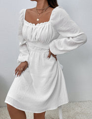 Plain Square Neck Long Sleeve High Waist Belted A-line Dresses