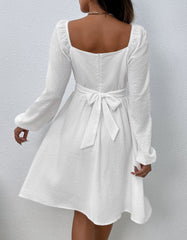 Plain Square Neck Long Sleeve High Waist Belted A-line Dresses