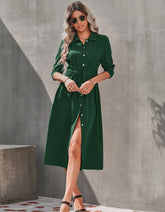 Solid-color Collar Button Belted Slits Long Dresses