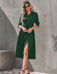 Solid-color Collar Button Belted Slits Long Dresses