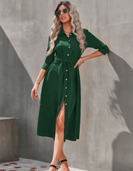 Solid-color Collar Button Belted Slits Long Dresses