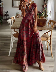 Disty Floral Print V Neck Short Sleeve Maxi A Line Dresses