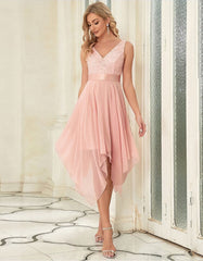 Solid-color V Neck Sleeveless Lace Chiffon Irregular Cocktail A-Line Dresses
