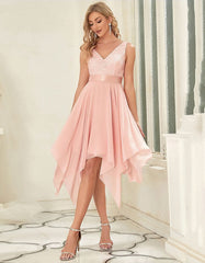 Solid-color V Neck Sleeveless Lace Chiffon Irregular Cocktail A-Line Dresses