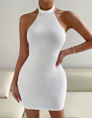 Solid-color Stand Collar Sleeveless Midi-Waist Backless Short Bodycon Dresses