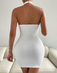 Solid-color Stand Collar Sleeveless Midi-Waist Backless Short Bodycon Dresses