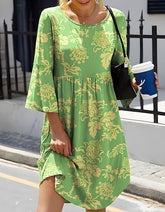Floral Print 3/4 Sleeves Round Neck Midi A Line Dresses