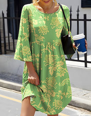Floral Print 3/4 Sleeves Round Neck Midi A Line Dresses