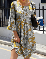 Floral Print 3/4 Sleeves Round Neck Midi A Line Dresses