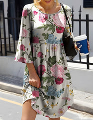 Floral Print 3/4 Sleeves Round Neck Midi A Line Dresses