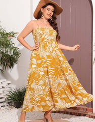 Leaf Print Strap Backless Sleeveless Long A-Line Dresses