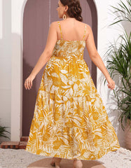 Leaf Print Strap Backless Sleeveless Long A-Line Dresses