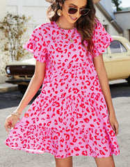 Leopard Floral Print Round Neck Loose Short Dresses