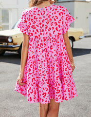 Leopard Floral Print Round Neck Loose Short Dresses
