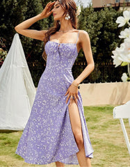 Disty Floral Strap Backless Slits Loose Midi A-line Dresses