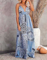 Vintage Style Printed Strap Backless Midi Bohemian Slits Long A-Line Dresses