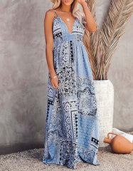Vintage Style Printed Strap Backless Midi Bohemian Slits Long A-Line Dresses