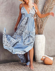 Vintage Style Printed Strap Backless Midi Bohemian Slits Long A-Line Dresses
