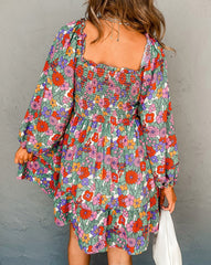 Floral Smocked Bust Square Neck Ruffled Dress