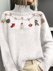 Vintage Christmas Print Knit Turtleneck Pullover Sweater