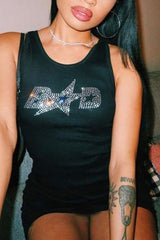 Rhinestone Graphic Ribbed Bodycon Tank Dress