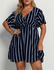 V Neck Plus Size Striped Loose Short Sleeve A-Line Dresses