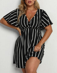 V Neck Plus Size Striped Loose Short Sleeve A-Line Dresses