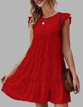 Plain Round Neck Puff Sleeve Pleated Backless A Line Dresses