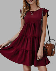 Plain Round Neck Puff Sleeve Pleated Backless A Line Dresses