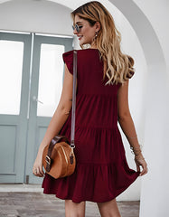 Plain Round Neck Puff Sleeve Pleated Backless A Line Dresses