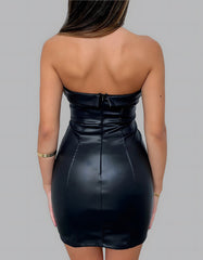 Solid-color Off The Shoulder Sleeveless PU Leather Short Bodycon Dresses