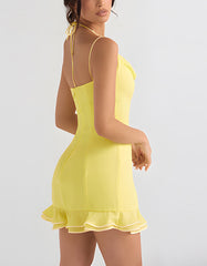 Solid-color Halter Sleeveless Ruffle Short Dresses