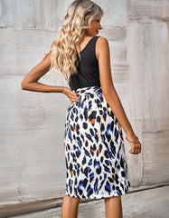 Printed Mid-Waist Round Neck Stitching Sleeveless Midi A-Line Dresses