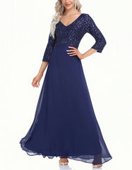 Solid-color V Neck 3/4 Sleeve Sequin Patchwork Long A-Line Evening Dresses
