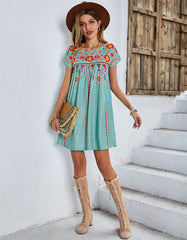 Floral Print Round Neck Short Sleeve Loose Short Dresses