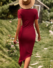 Plain Round Neck Short Sleeve Asymmetrical Bodycon Dresses