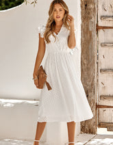 Plain Solid-color V Neck Short Sleeve Midi A-Line Dresses