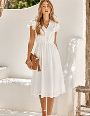 Plain Solid-color V Neck Short Sleeve Midi A-Line Dresses