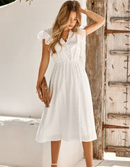 Plain Solid-color V Neck Short Sleeve Midi A-Line Dresses