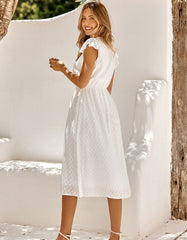 Plain Solid-color V Neck Short Sleeve Midi A-Line Dresses