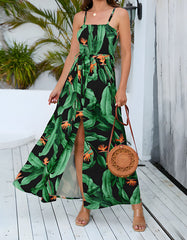Plants Print Bohemia Slits Strap Long A Line Dresses