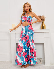 Printed Boho Two-piece Halter Top Bodycon Fishtail Skirt Sets