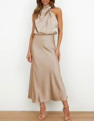 Solid-color Semi-tall Collar Satin Sleeveless Party Long Dresses