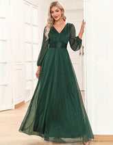 Solid-color High Waist Long Sleeve Chiffon Long Evening A-Line Dresses